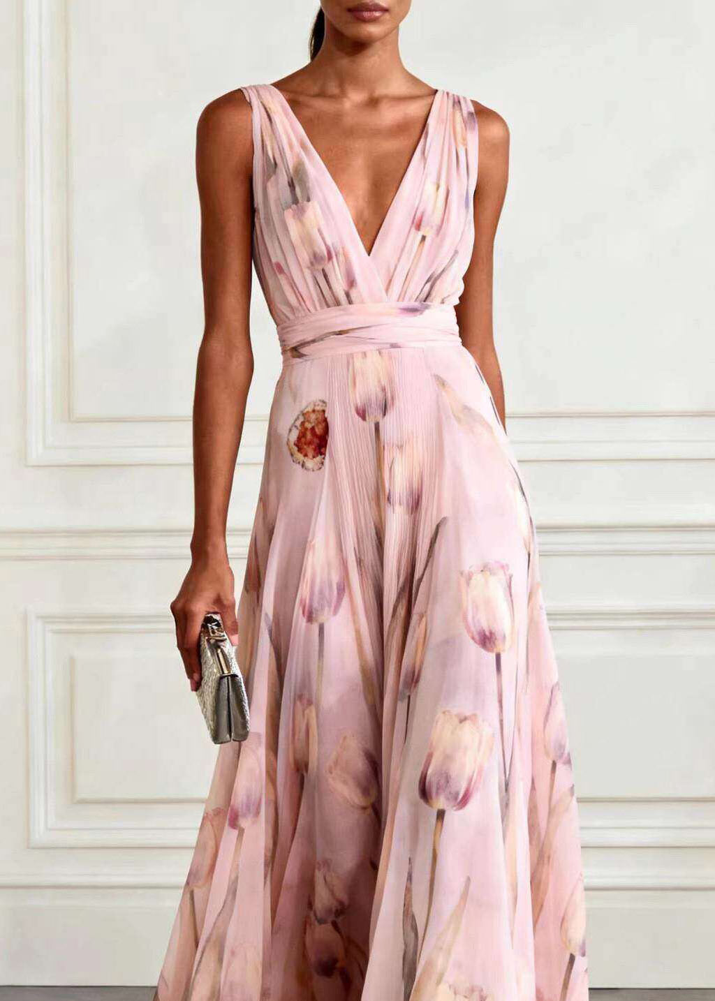 Boho Light Pink V Neck Print Long Spaghetti Strap Sundress Summer