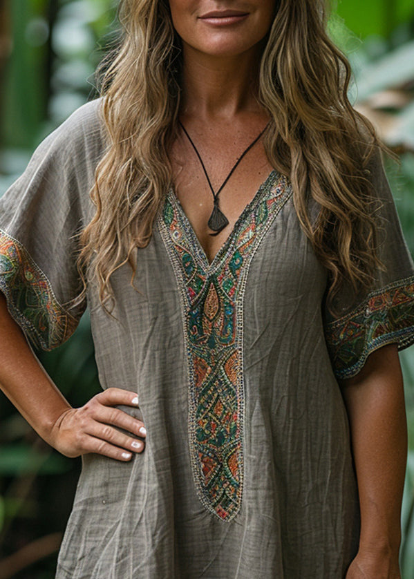 Boho Loose Grey V Neck Print Cotton Mid Dresses Summer