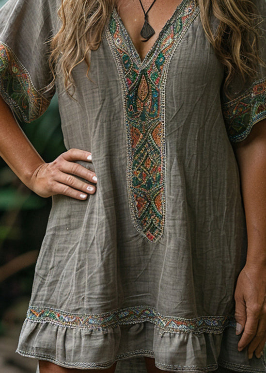 Boho Loose Grey V Neck Print Cotton Mid Dresses Summer