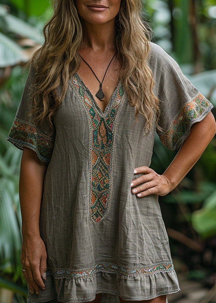 Boho Loose Grey V Neck Print Cotton Mid Dresses Summer