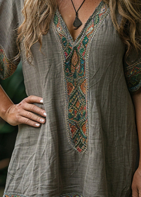 Boho Loose Grey V Neck Print Cotton Mid Dresses Summer