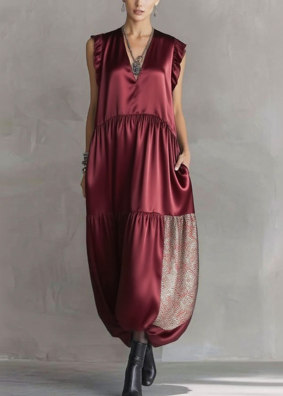 Boho Mulberry Sequins Patchwork Silk Long Dress Sleeveless
