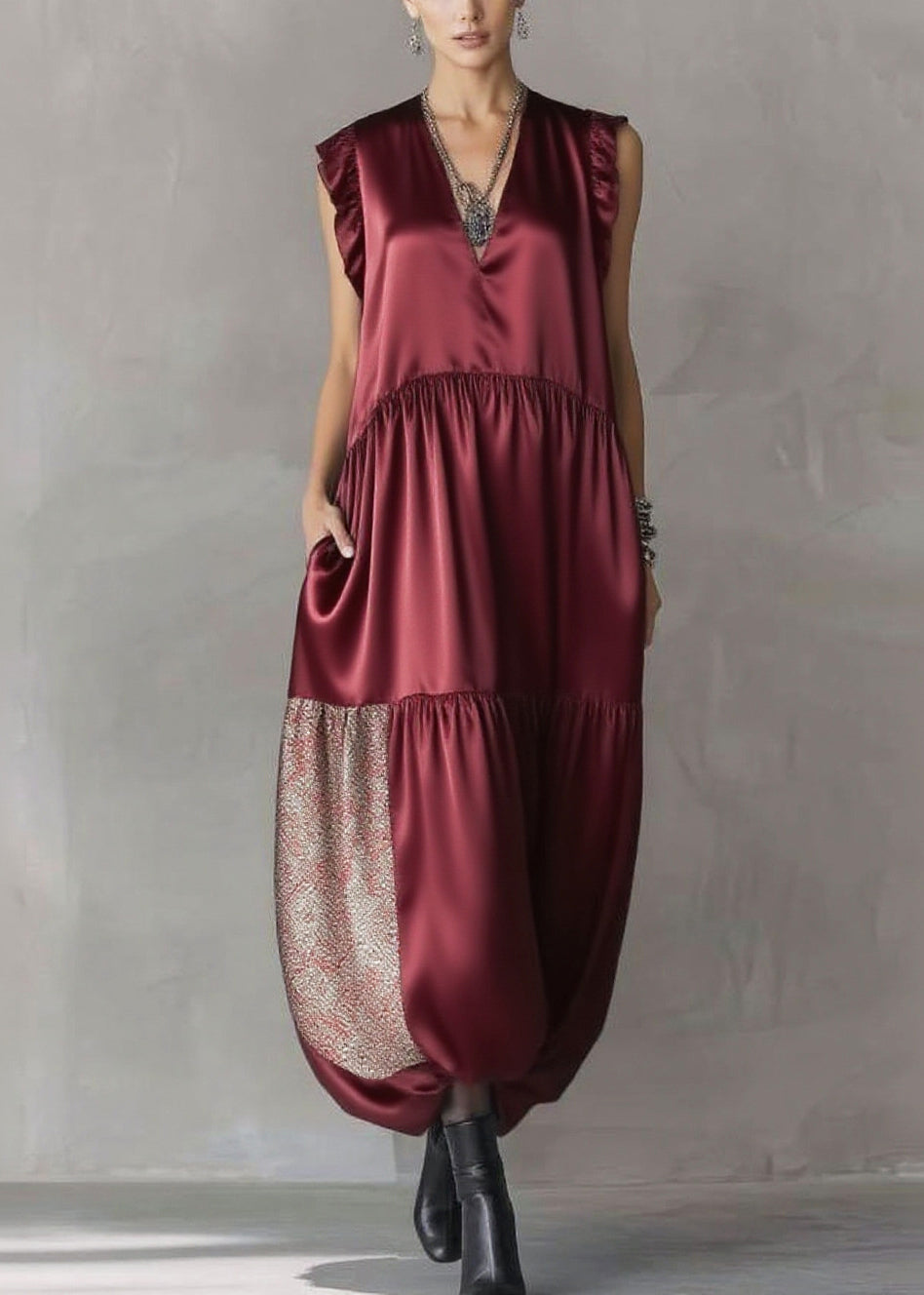 Boho Mulberry Sequins Patchwork Silk Long Dress Sleeveless