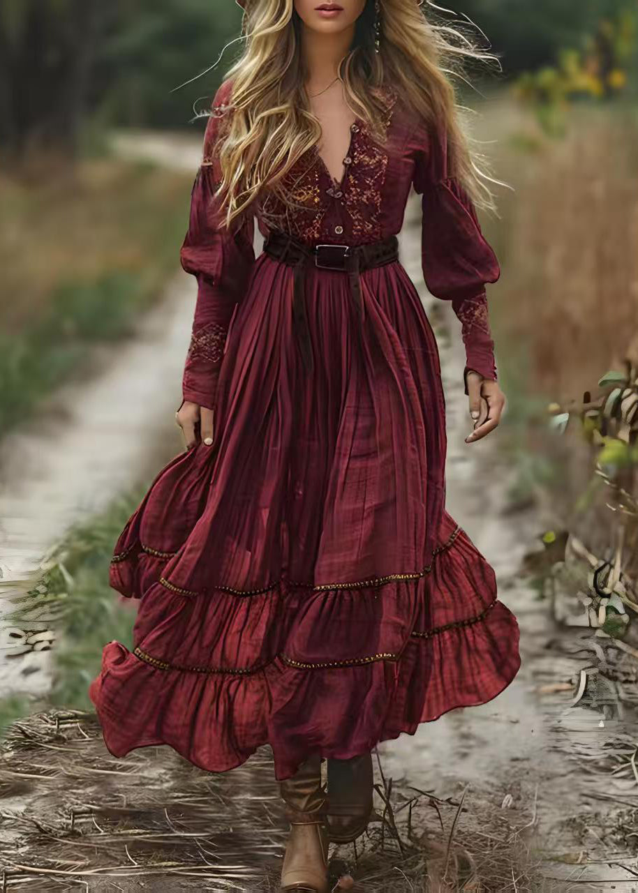 Boho Mulberry V Neck Print Wrinkled Cotton Robe Dresses Spring