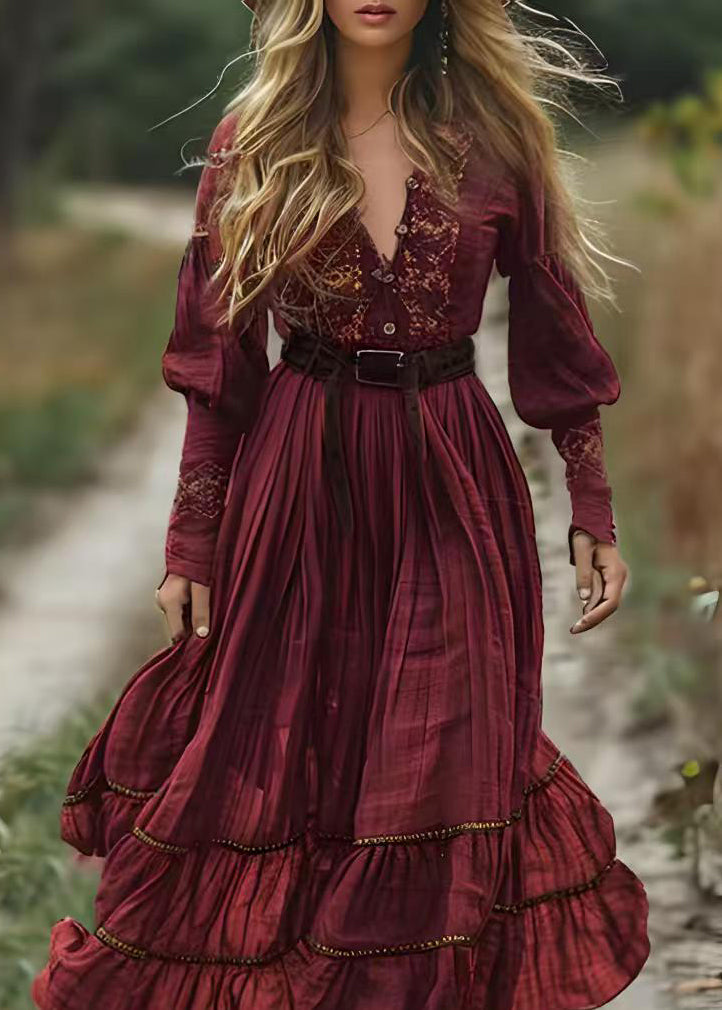 Boho Mulberry V Neck Print Wrinkled Cotton Robe Dresses Spring