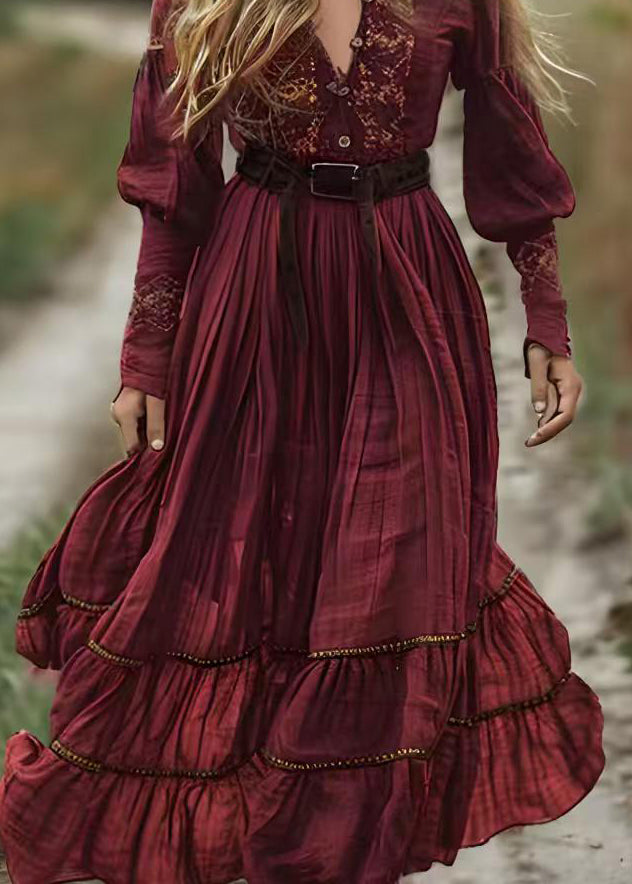 Boho Mulberry V Neck Print Wrinkled Cotton Robe Dresses Spring