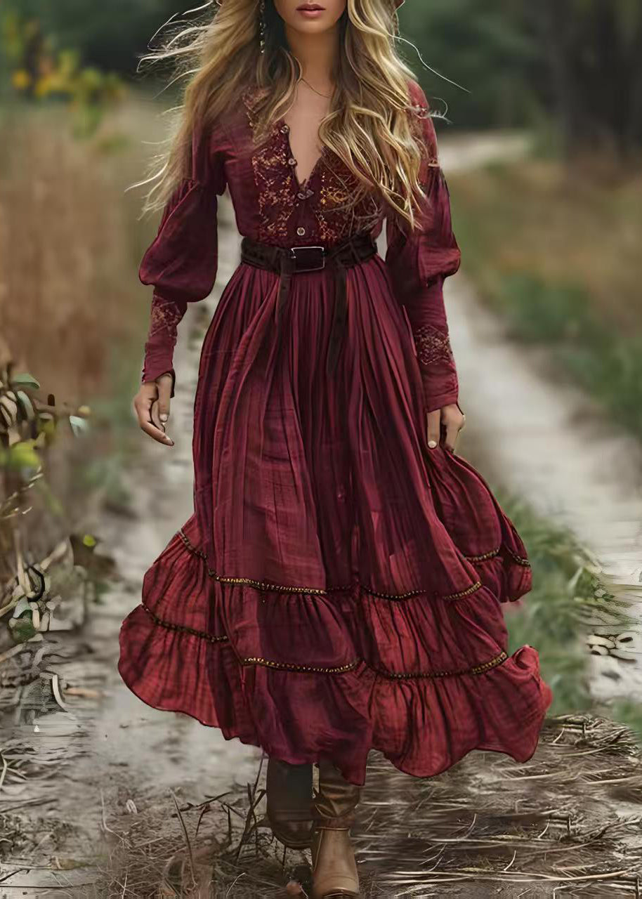 Boho Mulberry V Neck Print Wrinkled Cotton Robe Dresses Spring