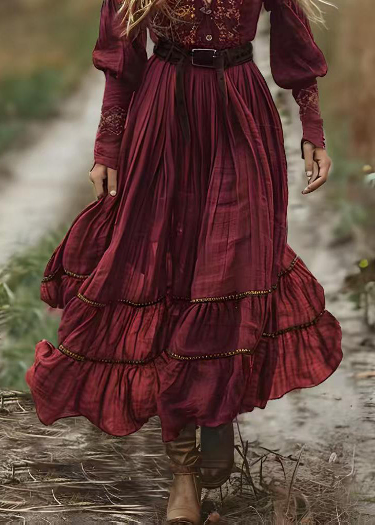 Boho Mulberry V Neck Print Wrinkled Cotton Robe Dresses Spring