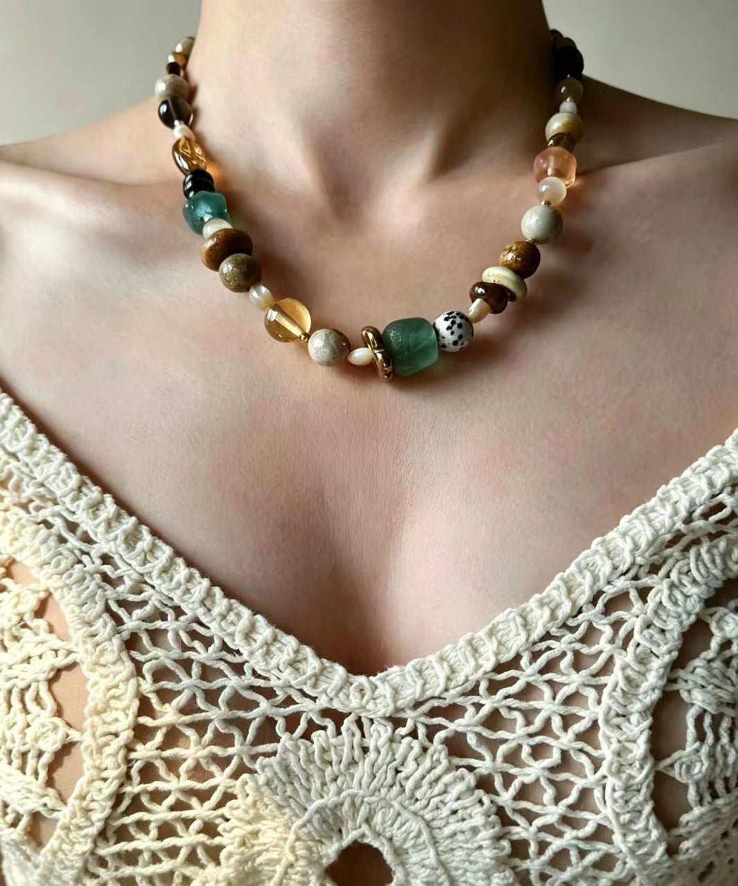 Boho Multicolor Natural Stone Glass Beading Choker