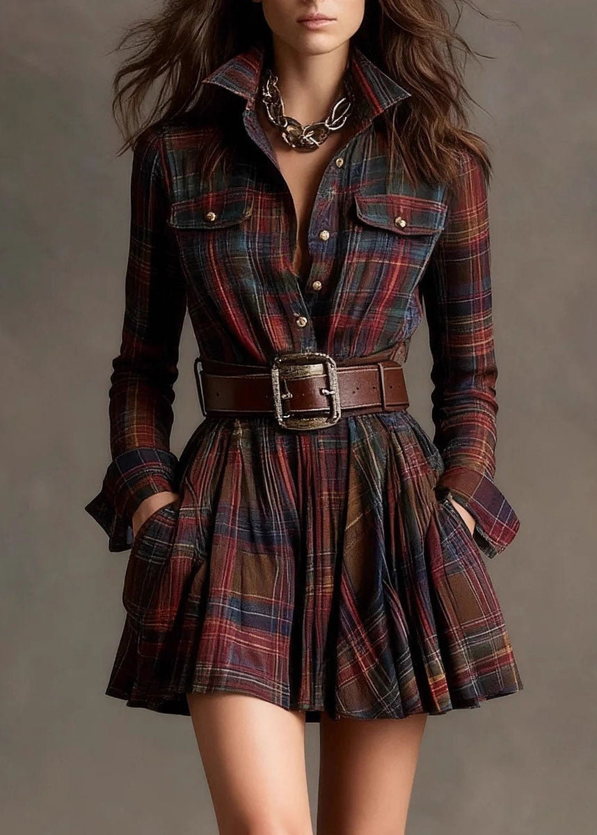 Boho Multicolor Stand Collar Plaid Pockets Cotton Mid Dress Fall