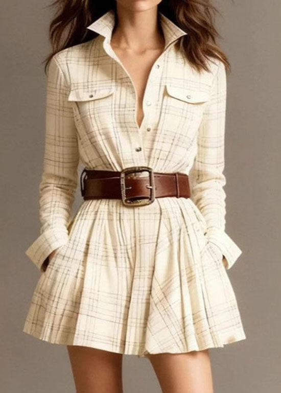 Boho Multicolor Stand Collar Plaid Pockets Cotton Mid Dress Fall