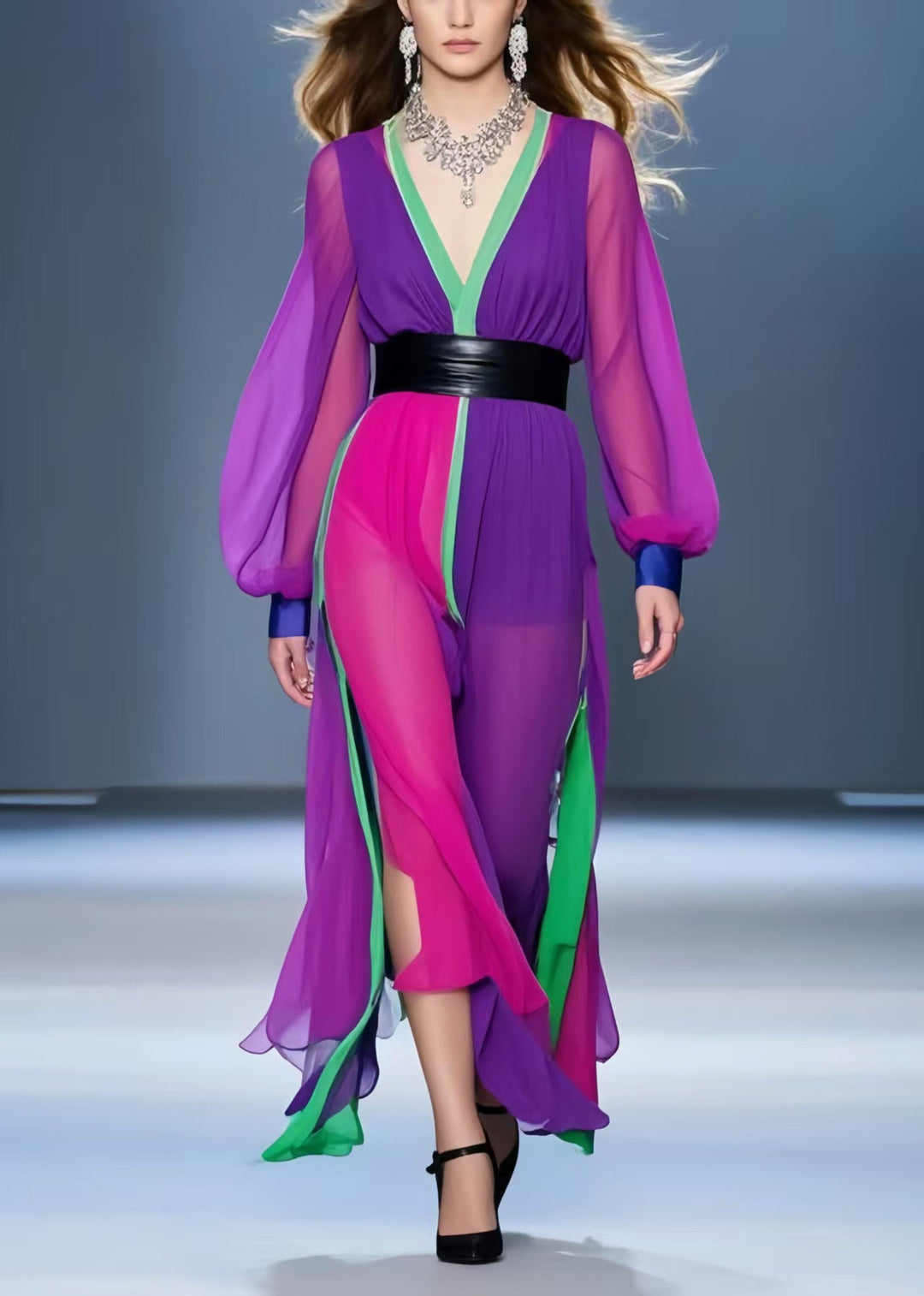 Boho Multicolour Asymmetrical Patchwork Chiffon Dress Summer