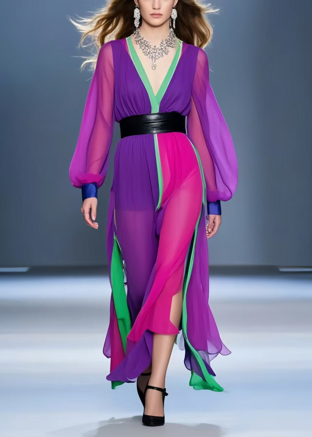 Boho Multicolour Asymmetrical Patchwork Chiffon Dress Summer