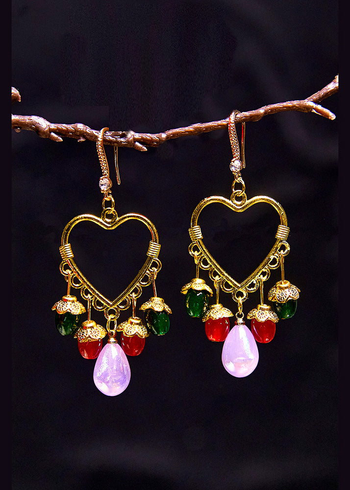 Boho Multicolour Beads Heart-shaped Tassels Drop Earrings - Omychic