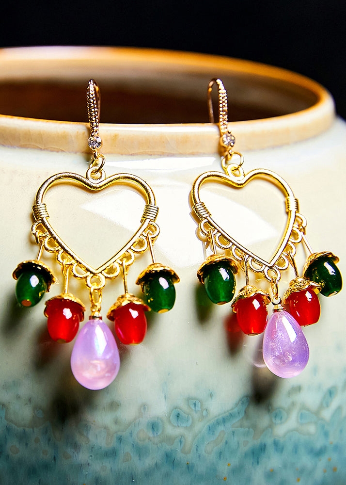 Boho Multicolour Beads Heart-shaped Tassels Drop Earrings - Omychic