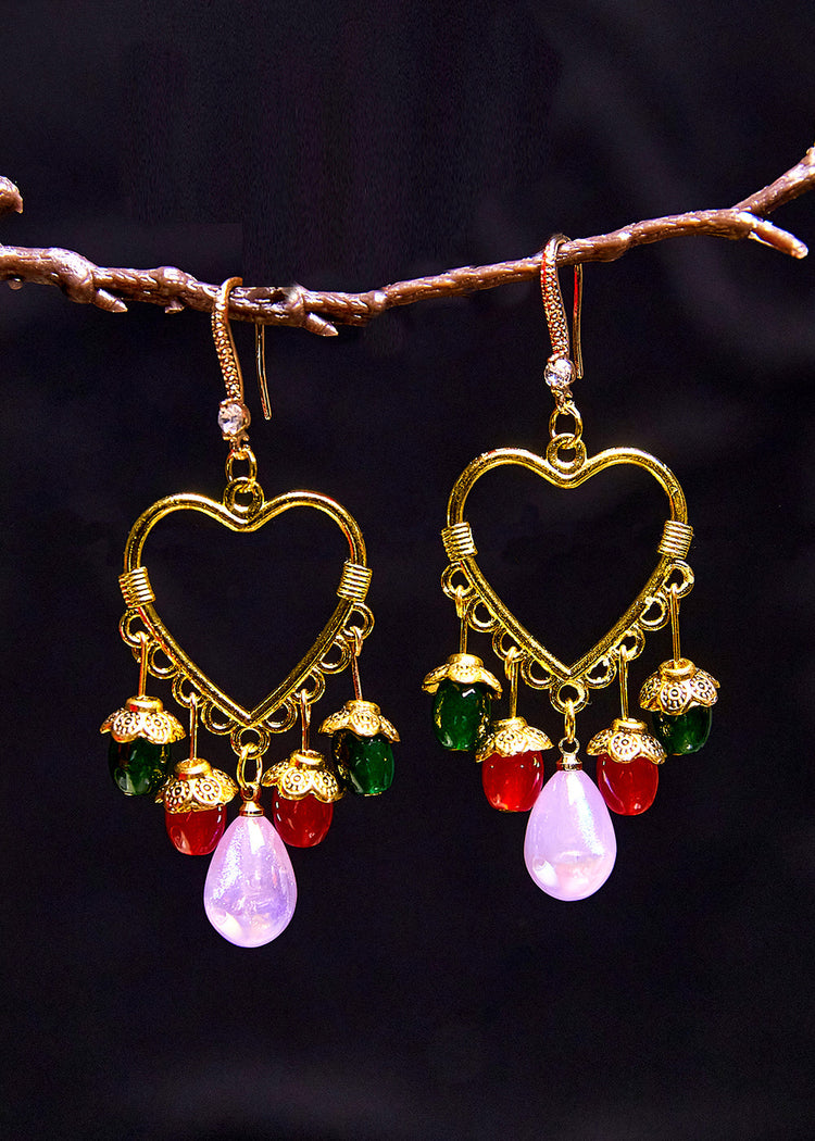 Boho Multicolour Beads Heart-shaped Tassels Drop Earrings - Omychic