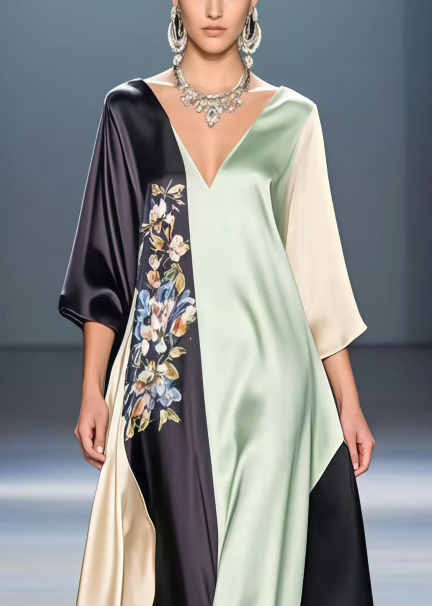 Boho Multicolour V Neck Patchwork Print Silk Party Dress Summer