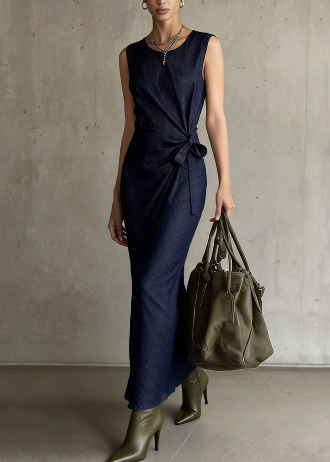 Boho Navy Asymmetrical Design Denim Long Dresses Sleeveless