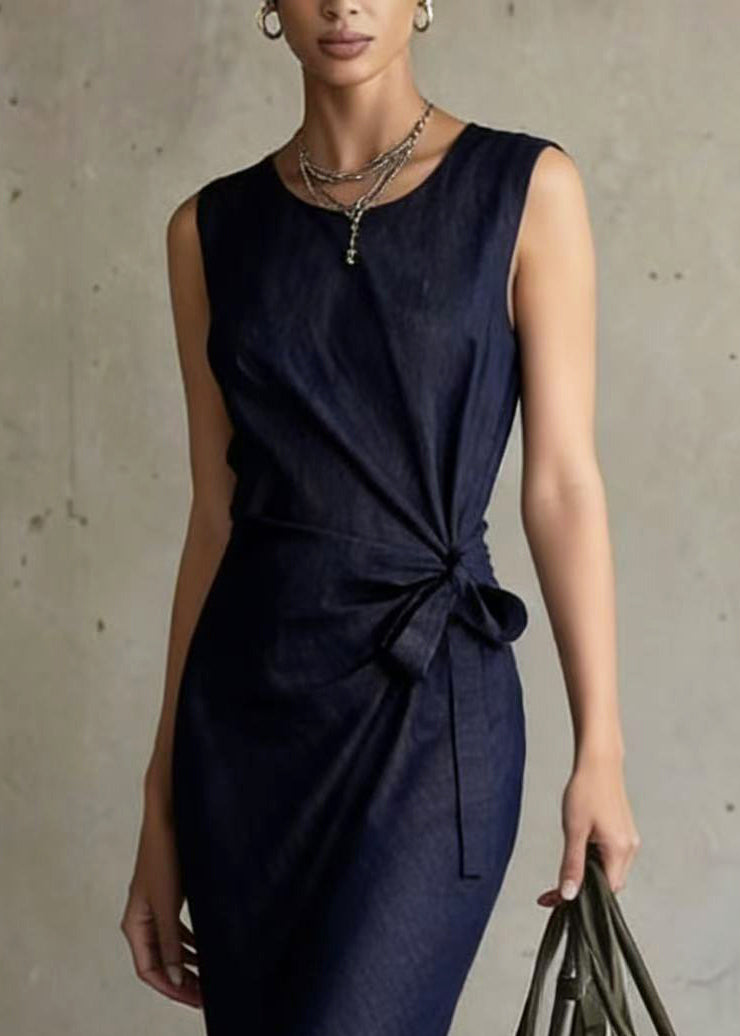 Boho Navy Asymmetrical Design Denim Long Dresses Sleeveless