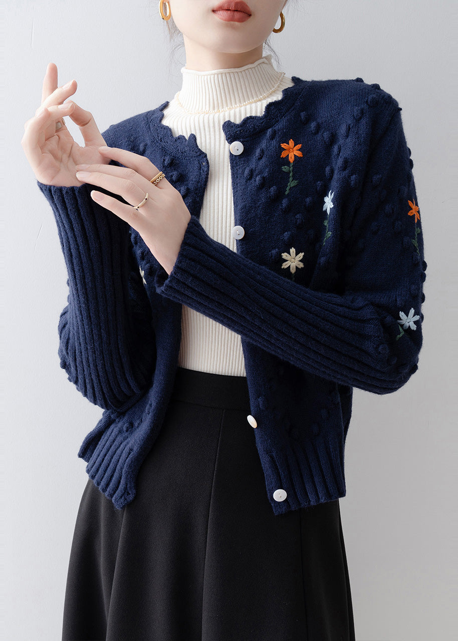 Boho Navy Embroidered Fuzzy Ball Decorated Knit Jacket Winter