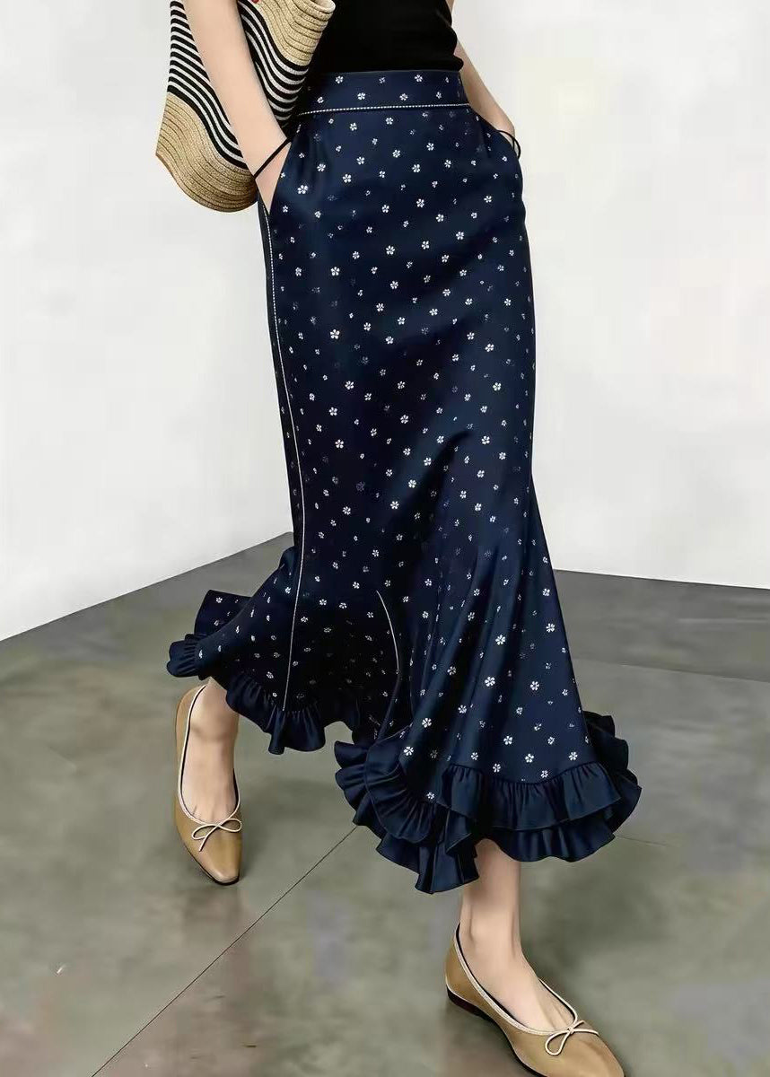 Boho Navy Floral Ruffled High Waist Pockets Mermaid Skirt Fall