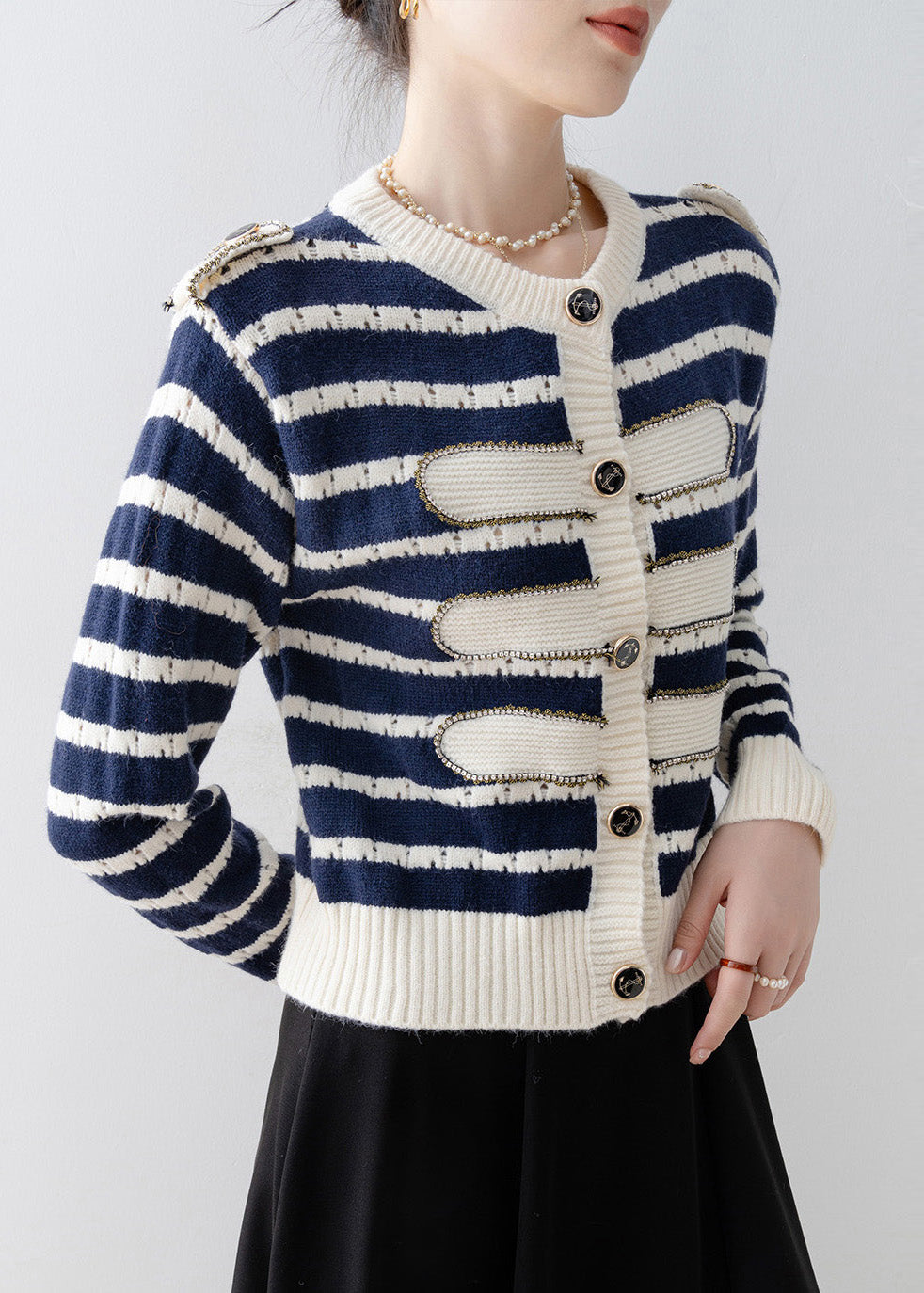 Boho Navy O-Neck Striped Knit Cardigan Spring