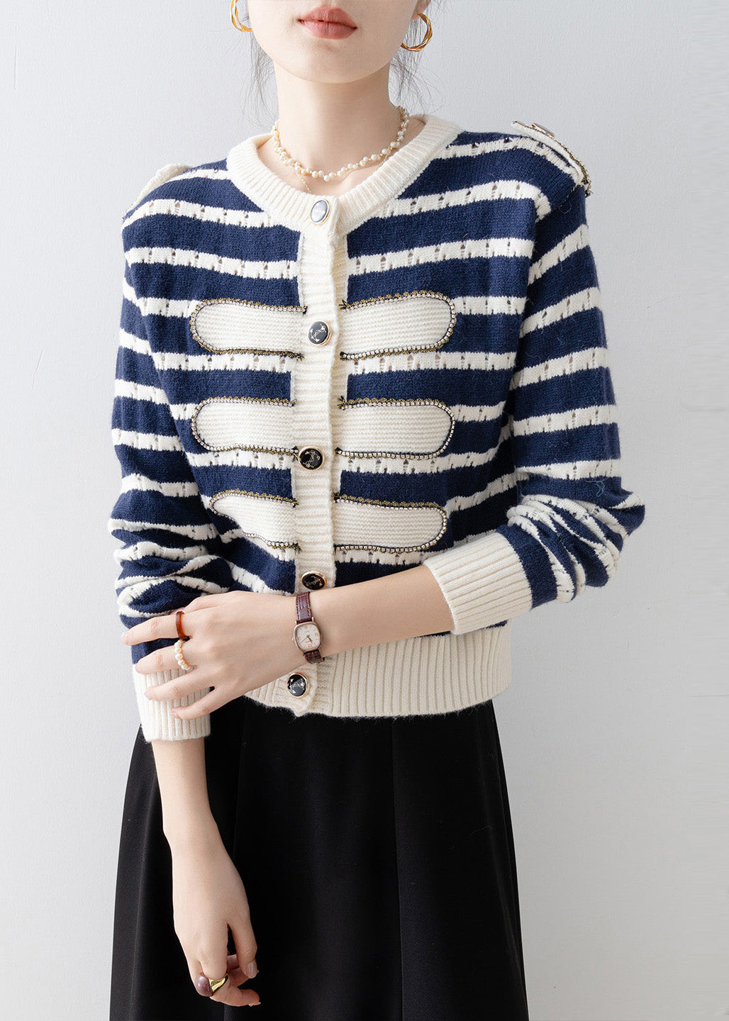 Boho Navy O-Neck Striped Knit Cardigan Spring