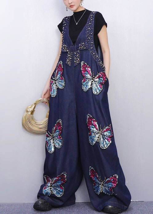 Boho Navy Oversized Butterfly Sequins Denim Jumpsuits Spring