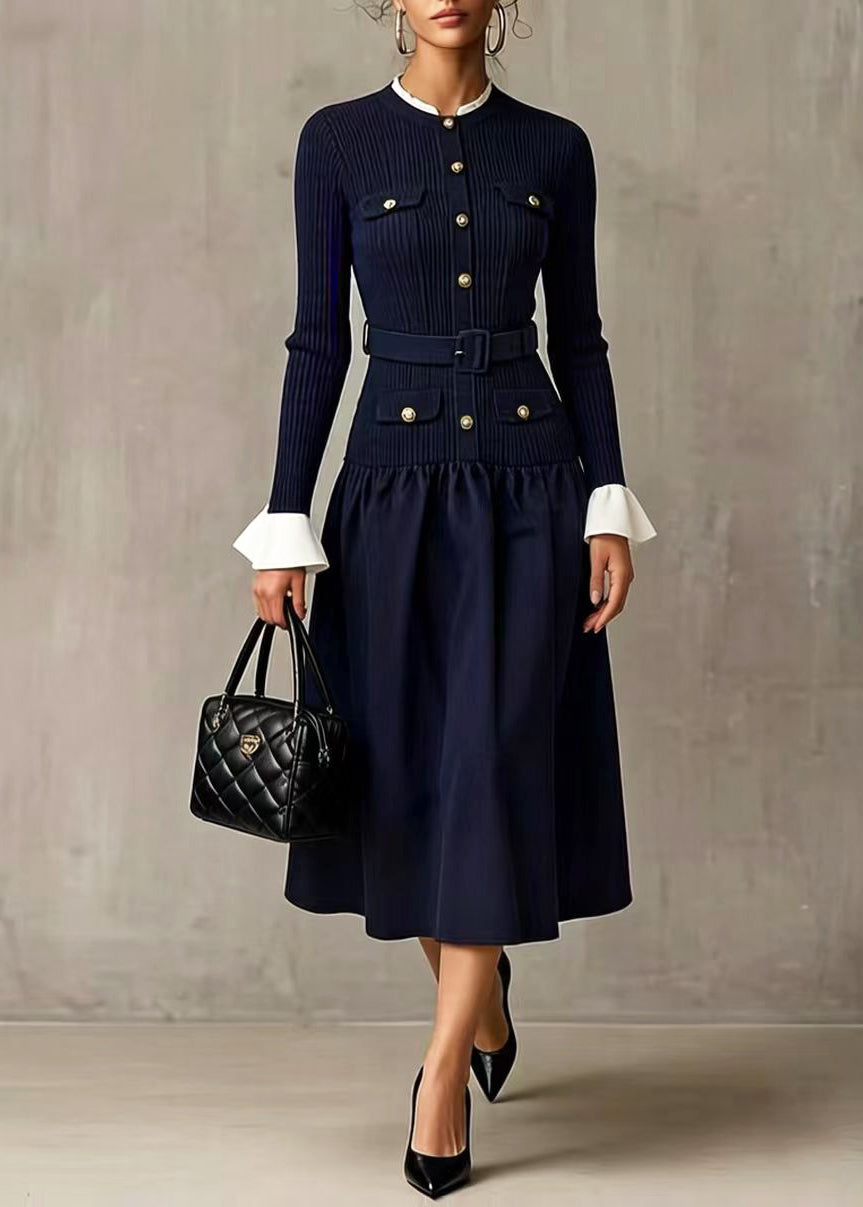 Boho Navy Patchwork Knit Tunic Dresses Flare Sleeve