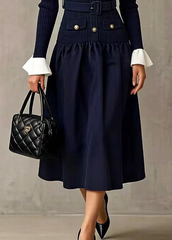 Boho Navy Patchwork Knit Tunic Dresses Flare Sleeve