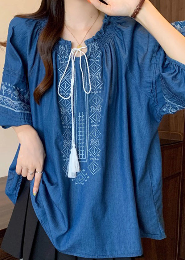 Boho Navy Ruffled Embroidered Cotton Blouses Bracelet Sleeve
