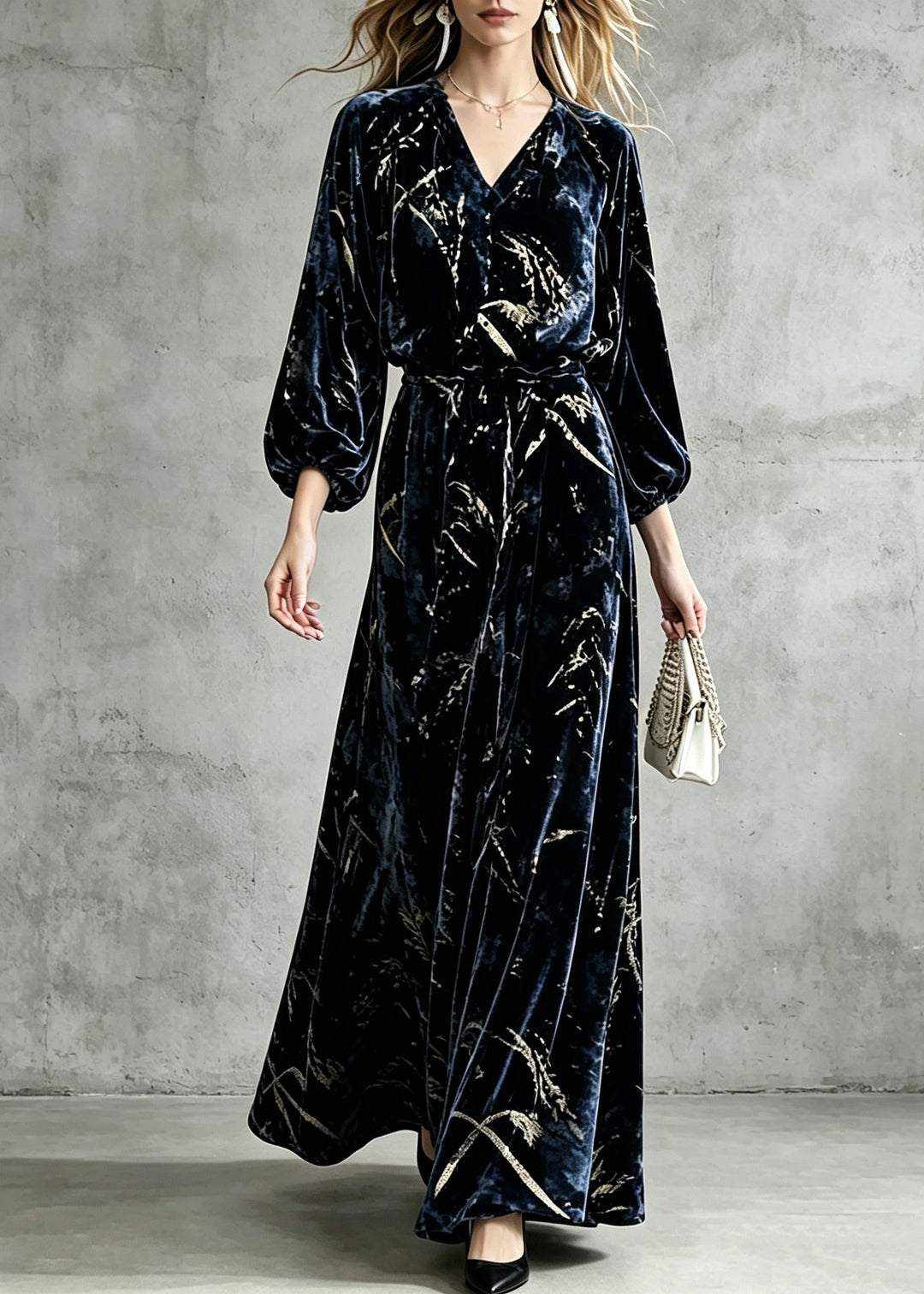 Boho Navy V Neck Elastic Waist Velvet  Maxi Dress Fall