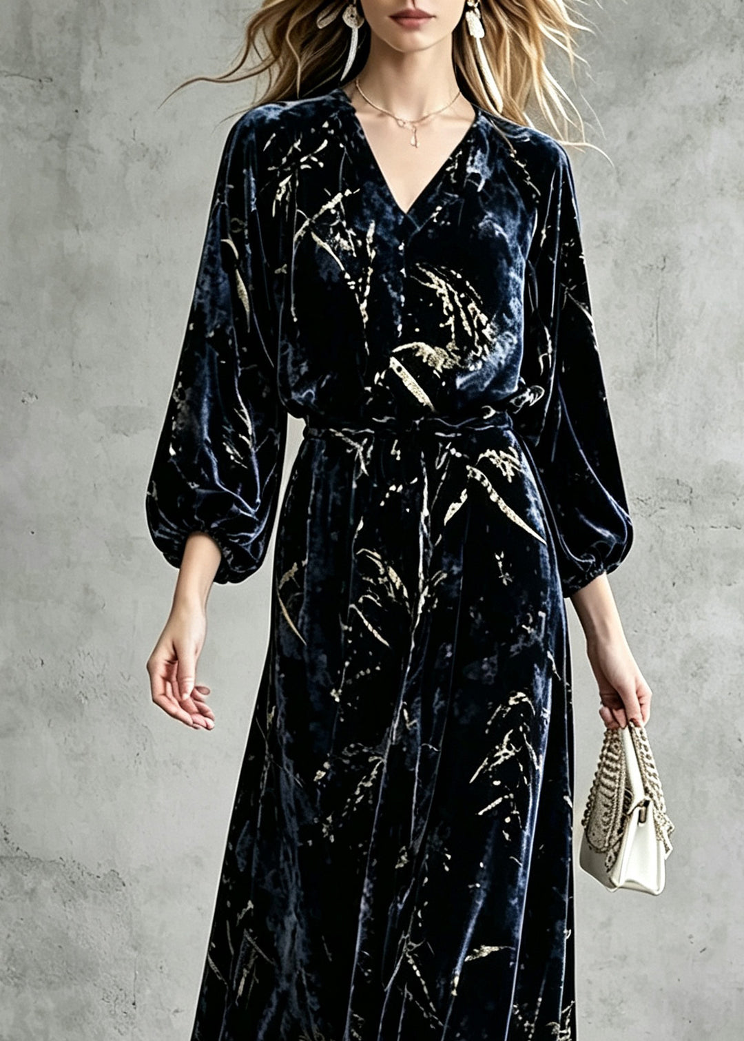 Boho Navy V Neck Elastic Waist Velvet  Maxi Dress Fall