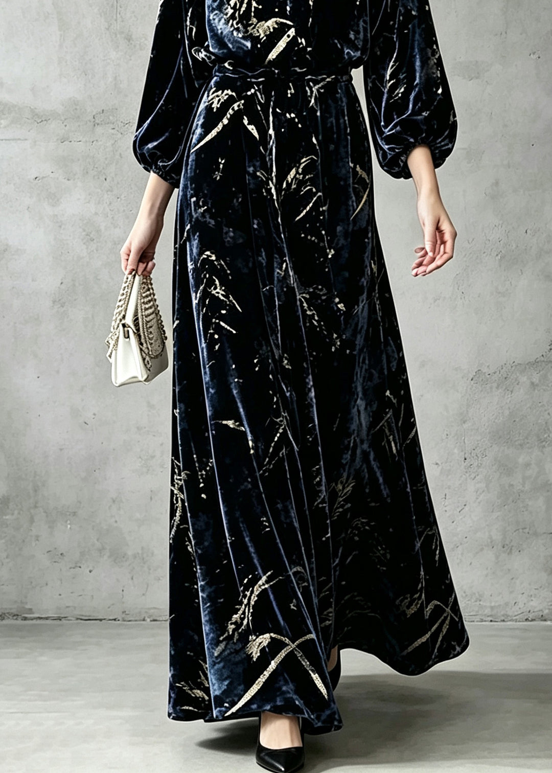 Boho Navy V Neck Elastic Waist Velvet  Maxi Dress Fall