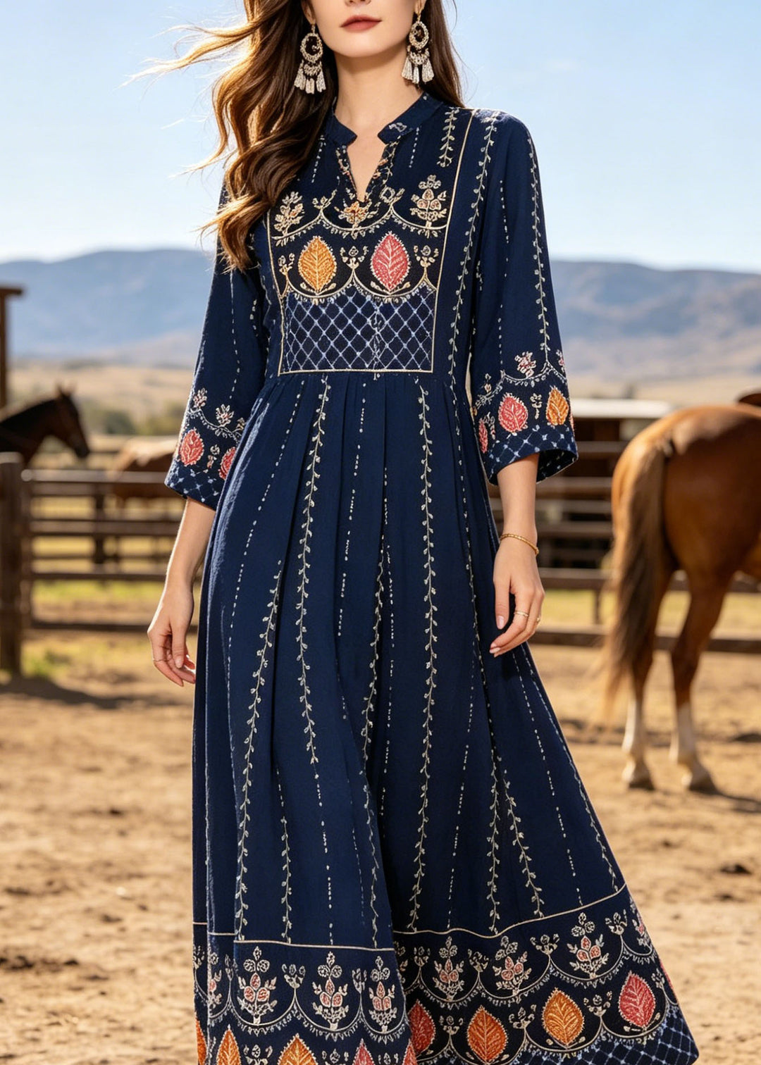 Boho Navy V Neck Print Cotton Maxi Dresses Bracelet Sleeve