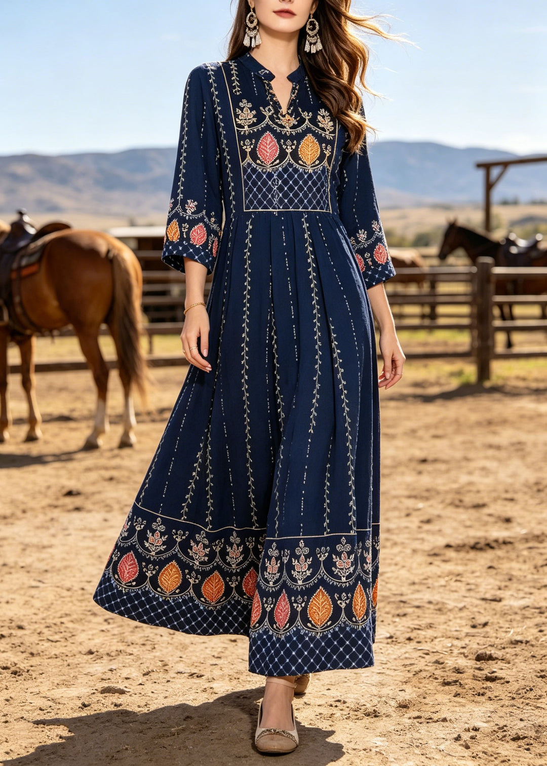 Boho Navy V Neck Print Cotton Maxi Dresses Bracelet Sleeve