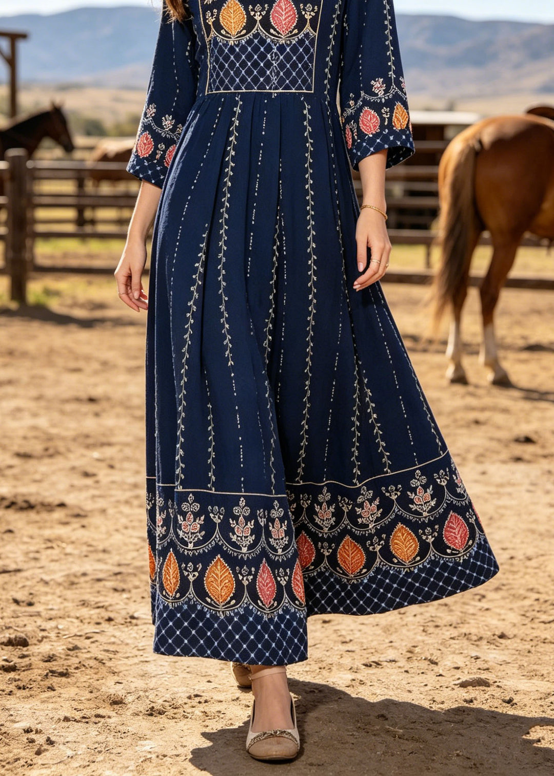 Boho Navy V Neck Print Cotton Maxi Dresses Bracelet Sleeve