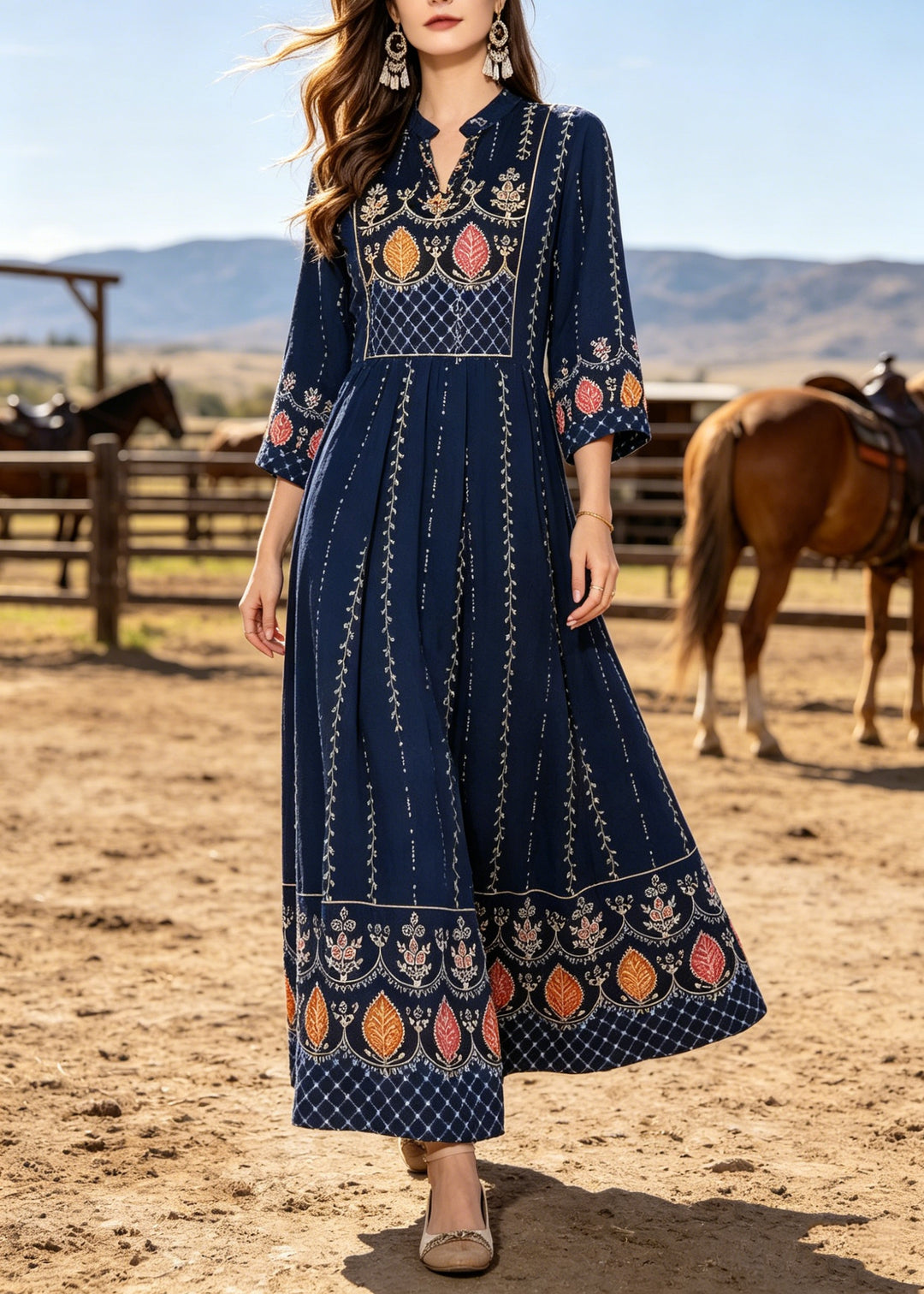 Boho Navy V Neck Print Cotton Maxi Dresses Bracelet Sleeve