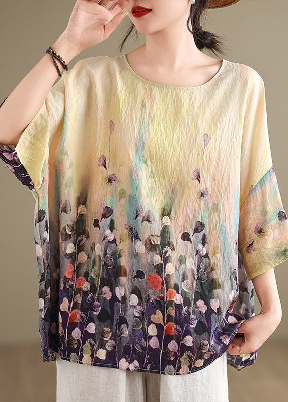 Boho O Neck Print Plus Size Cotton Top Summer