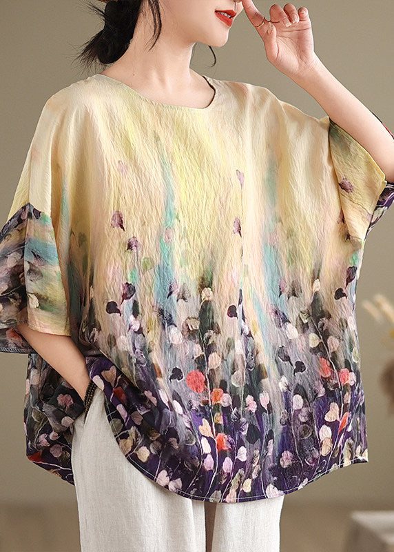 Boho O Neck Print Plus Size Cotton Top Summer
