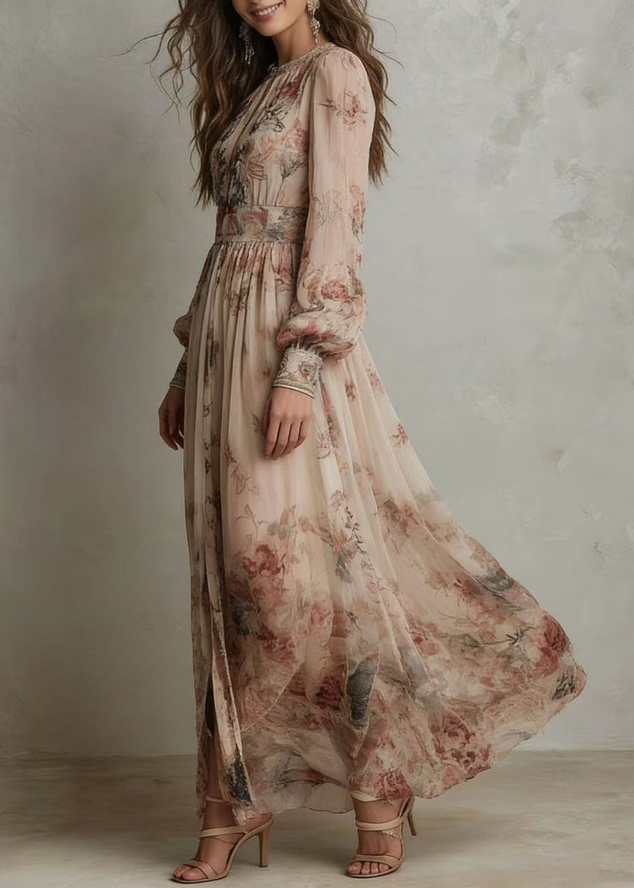 Boho O Neck Wrinkled Print Chiffon Long Dress Fall