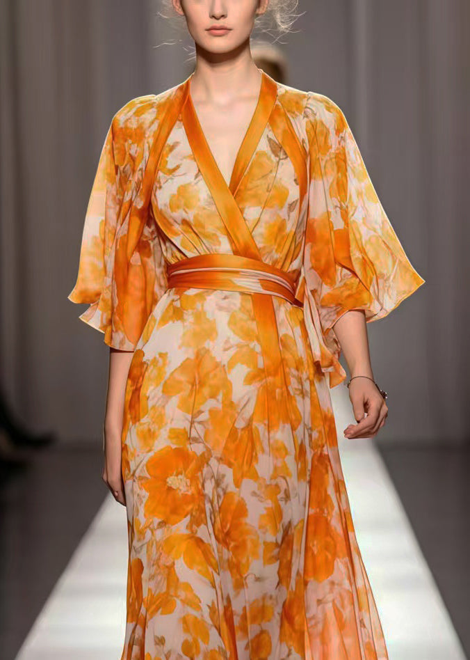Boho Orange Cinched Print Chiffon Vacation Dresses Summer