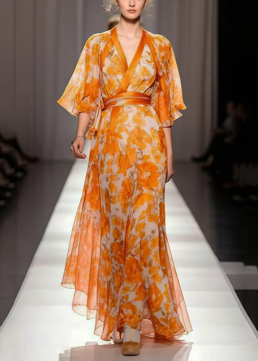 Boho Orange Cinched Print Chiffon Vacation Dresses Summer