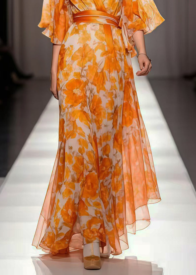 Boho Orange Cinched Print Chiffon Vacation Dresses Summer