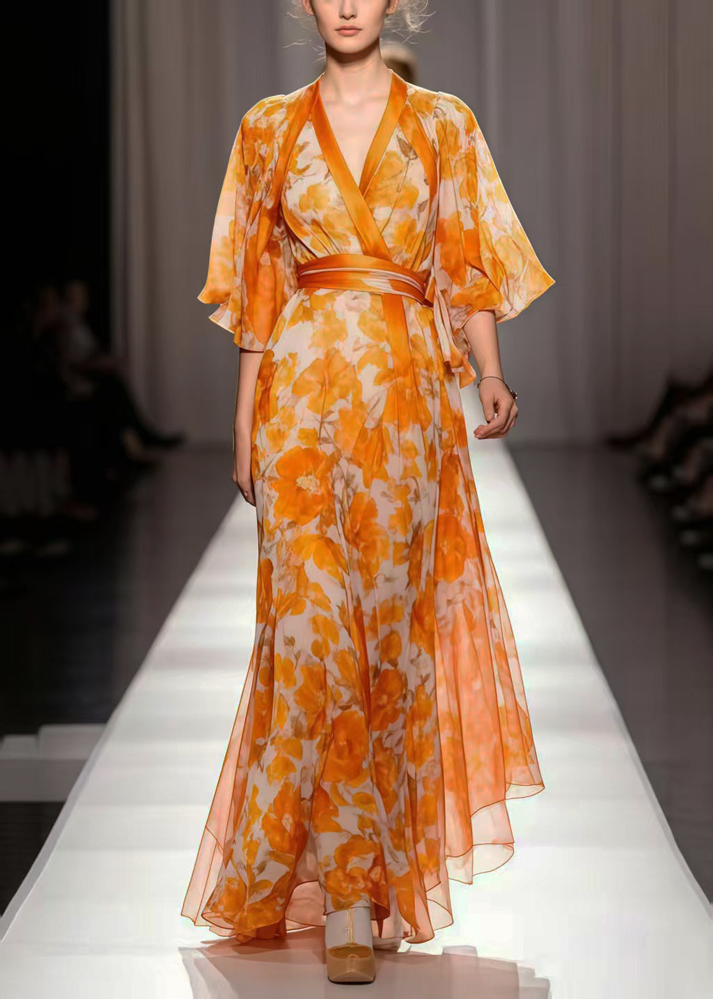 Boho Orange Cinched Print Chiffon Vacation Dresses Summer