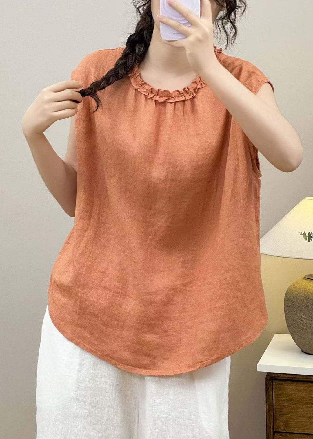 Boho Orange Ruffled Linen Shirt Top Sleeveless