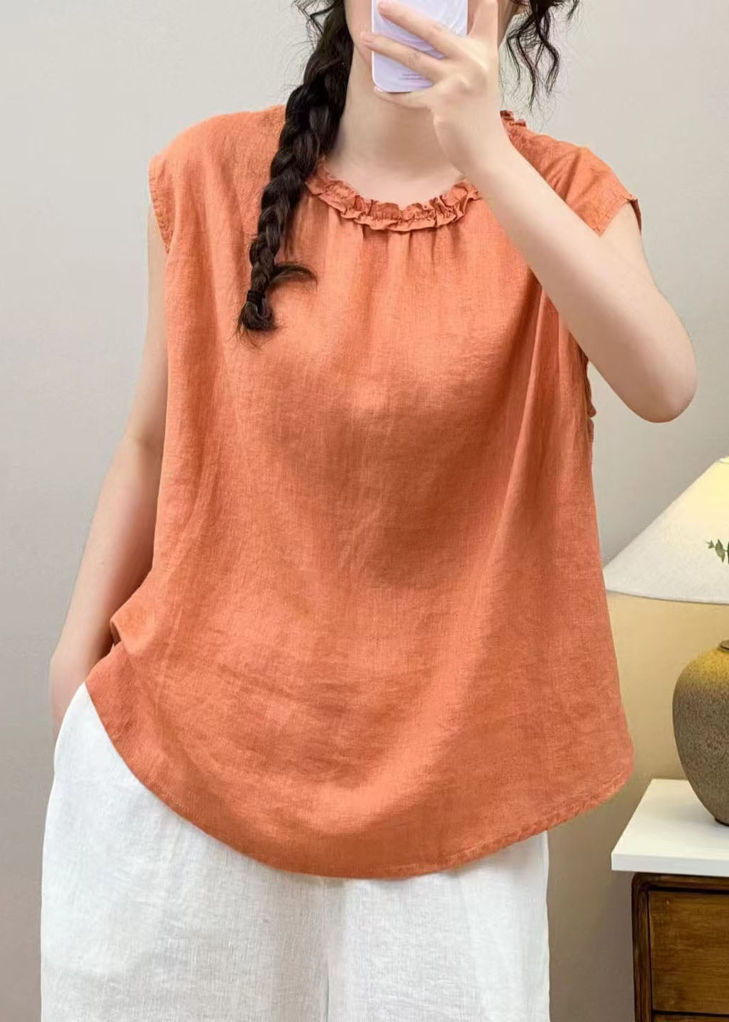 Boho Orange Ruffled Linen Shirt Top Sleeveless