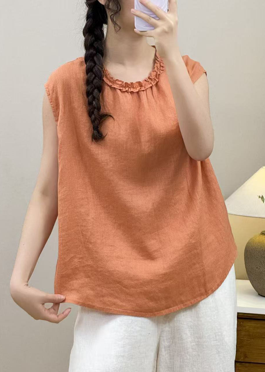 Boho Orange Ruffled Linen Shirt Top Sleeveless