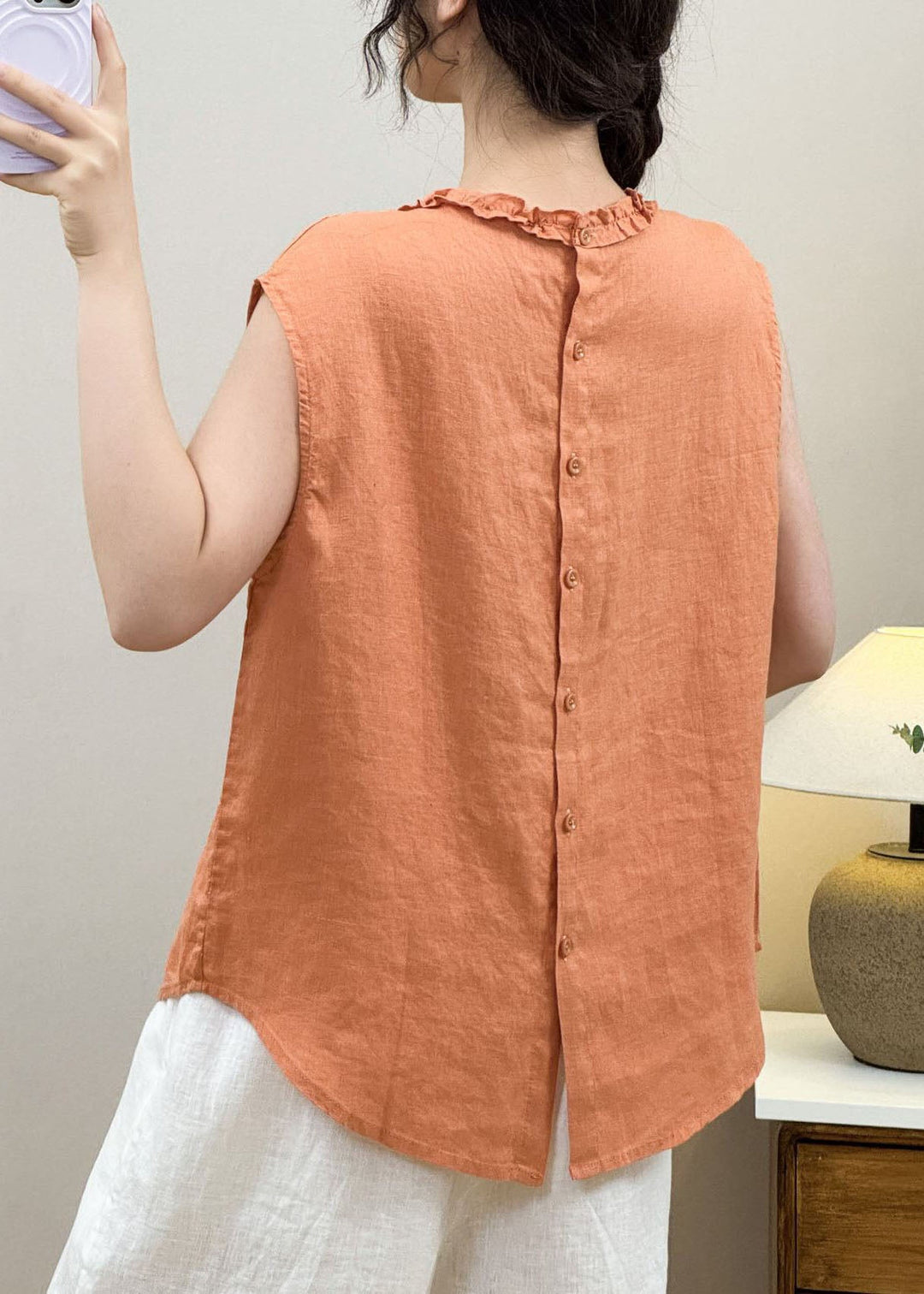 Boho Orange Ruffled Linen Shirt Top Sleeveless