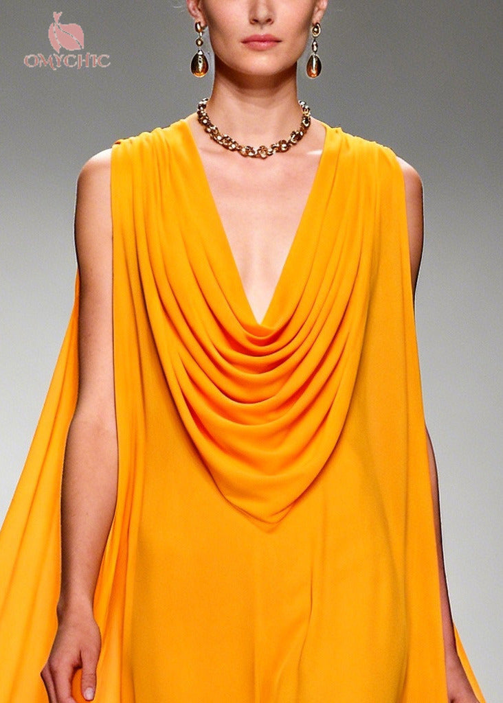 Boho Orange Turtle Neck Exra Large Hem Chiffon Maxi Dress Summer
